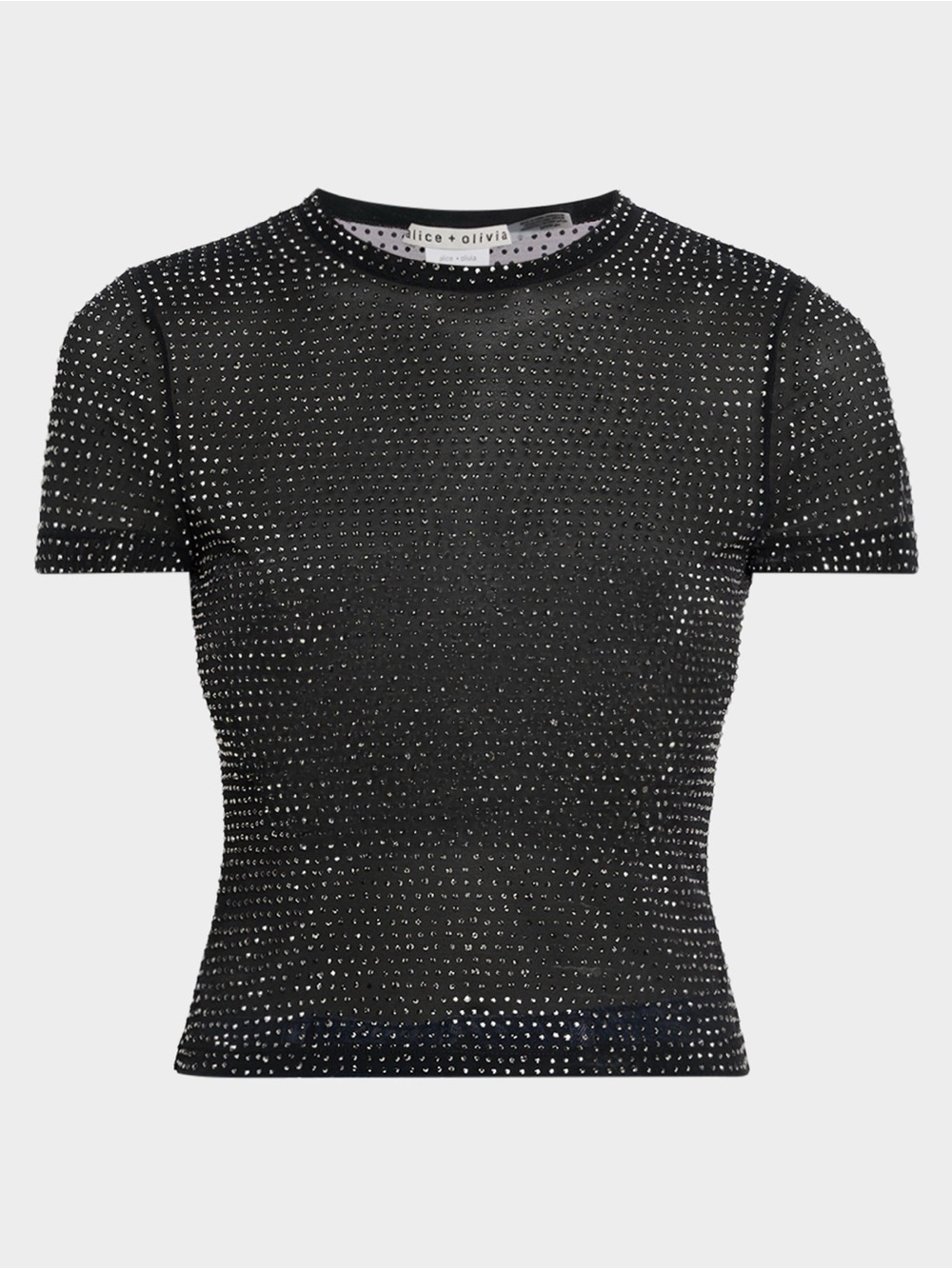 alice + olivia Tess Black Short-Sleeve Mesh Crystal Embellished Tee